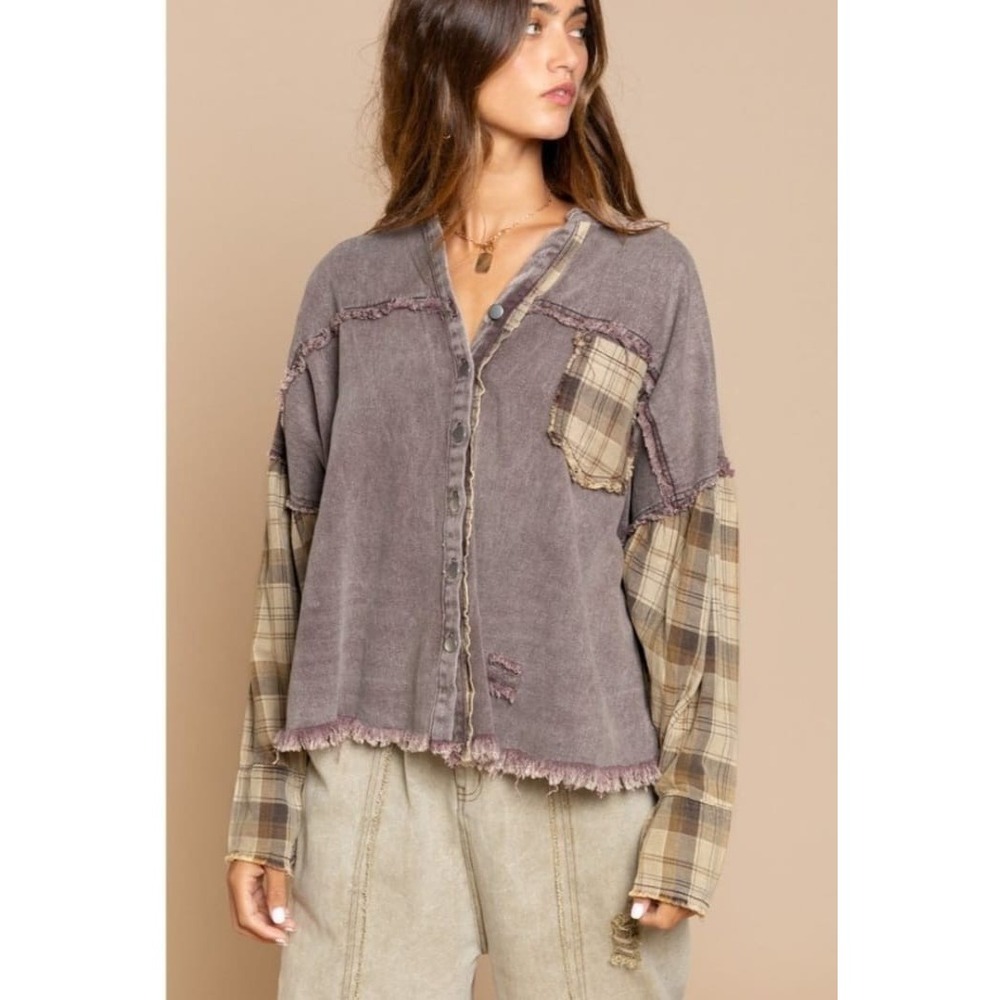 POL Oversized Plaid Sleeve Raw Edge‎ Shirt Jacket Womens Size Large